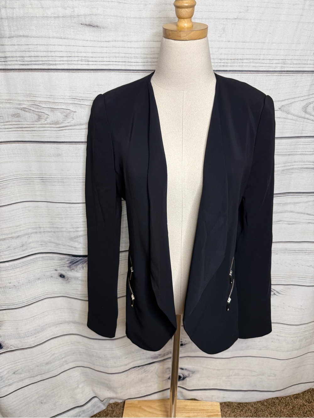 Zara Black Draped Open-Front Blazer with Zip Details